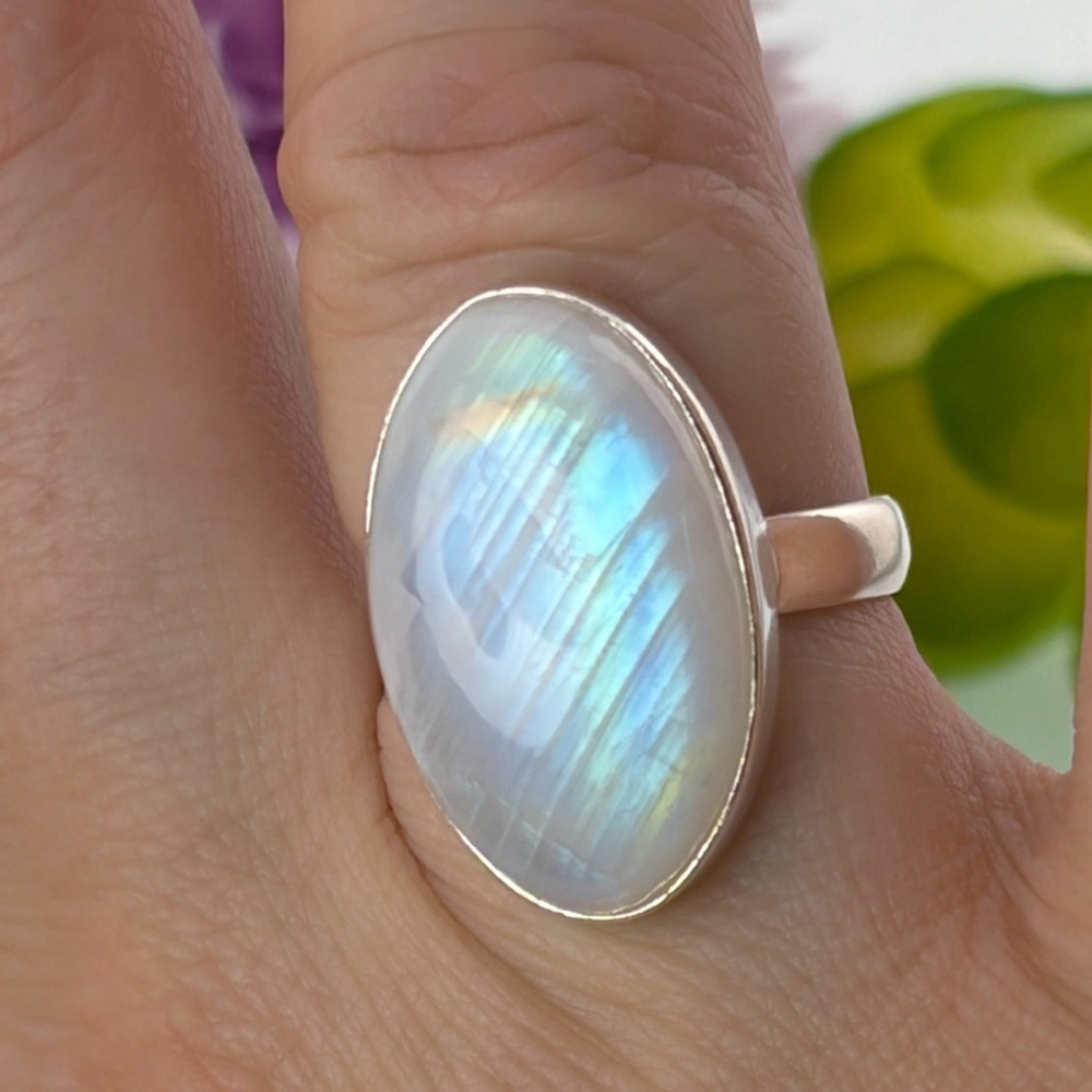 Rainbow Moonstone Ring Size 7 Pure Sterling Silver 925 Oval Boho New - Picture 3 of 12